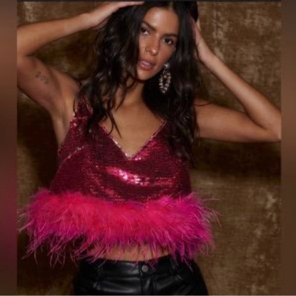 Sequin Pink Feather Trim Top by 12th Tribe